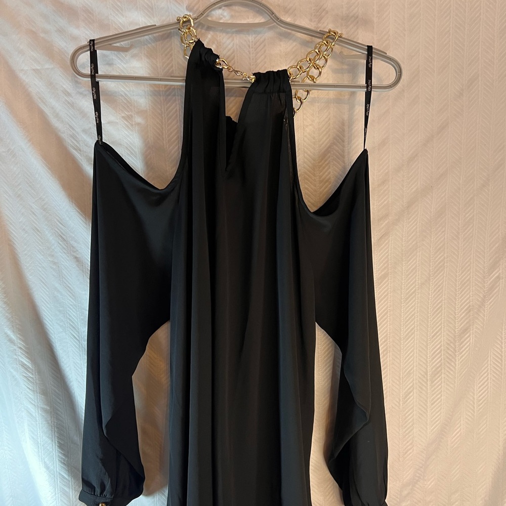 City Chic Black Cold Shoulder Flirty Cocktail Dress Gold Chain Strap SZ16 Preown